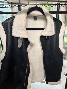 Dazy Black Faux Leather Teddy Vest with Cream Sherpa Lining
